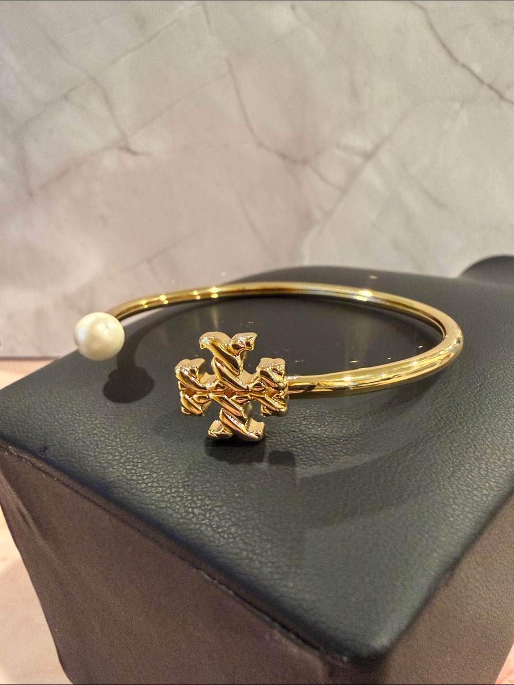 Tory Burch | Gold Plated Grooved Logo & Pearl Accent Open Cuff Bracelet - Picture 3 of 4